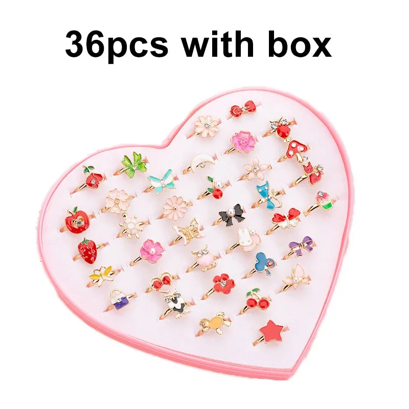 Peris Gems 36pcs with box A1 10/20/36 pcs Cute Adjustable Rings Children Girls Pretend Play Makeup Toys Cartoon Crystal Jewelry Alloy Animal Enamel Ring SHEIN Amazon Temu