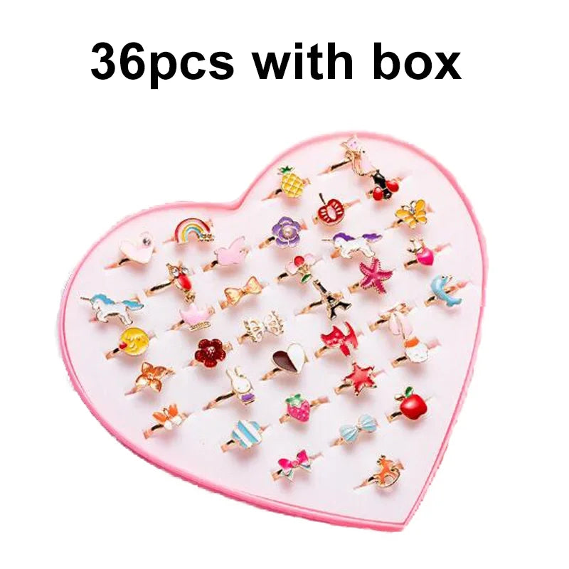 Peris Gems 36pcs with box A1-2 10/20/36 pcs Cute Adjustable Rings Children Girls Pretend Play Makeup Toys Cartoon Crystal Jewelry Alloy Animal Enamel Ring SHEIN Amazon Temu