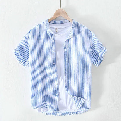 Peris Gems 541 Blue / M 100% Pure Linen Striped Shirts For Men Short Sleeve Casual Stand Collar Hemp Shirts Man Summer Fashion Breathable Tops SHEIN Amazon Temu