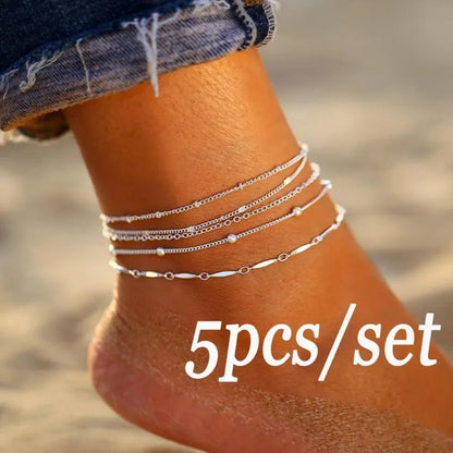 Peris Gems  5Pcs/Set Ankle Bracelet Anklet Multi-layer Bead Chain Anklet Bracelets Simple Beach Set Ankle Foot Chain for Girls Jewelry SHEIN Amazon Temu