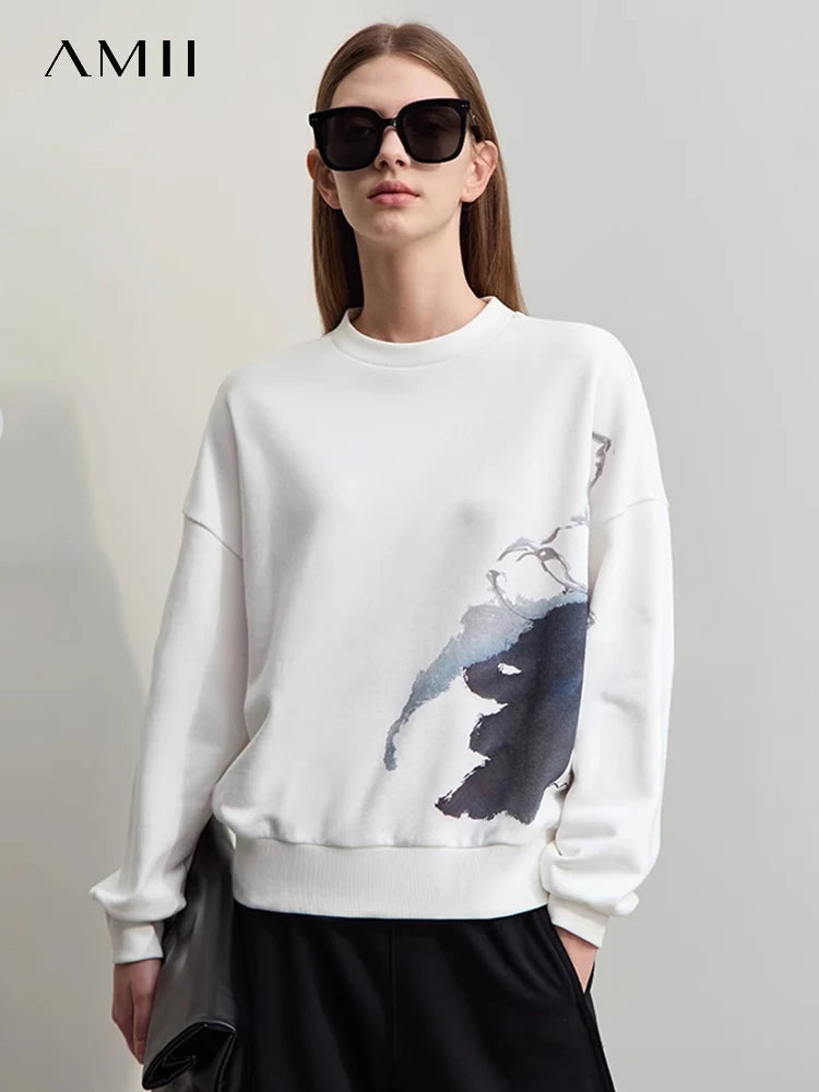 Peris Gems AMII Minimalist New Women Hoodies 2023 Autumn Loose Chinese Style Ink Painting Print Embroidery O-Neck Cotton Tops 12323022 SHEIN Amazon Temu