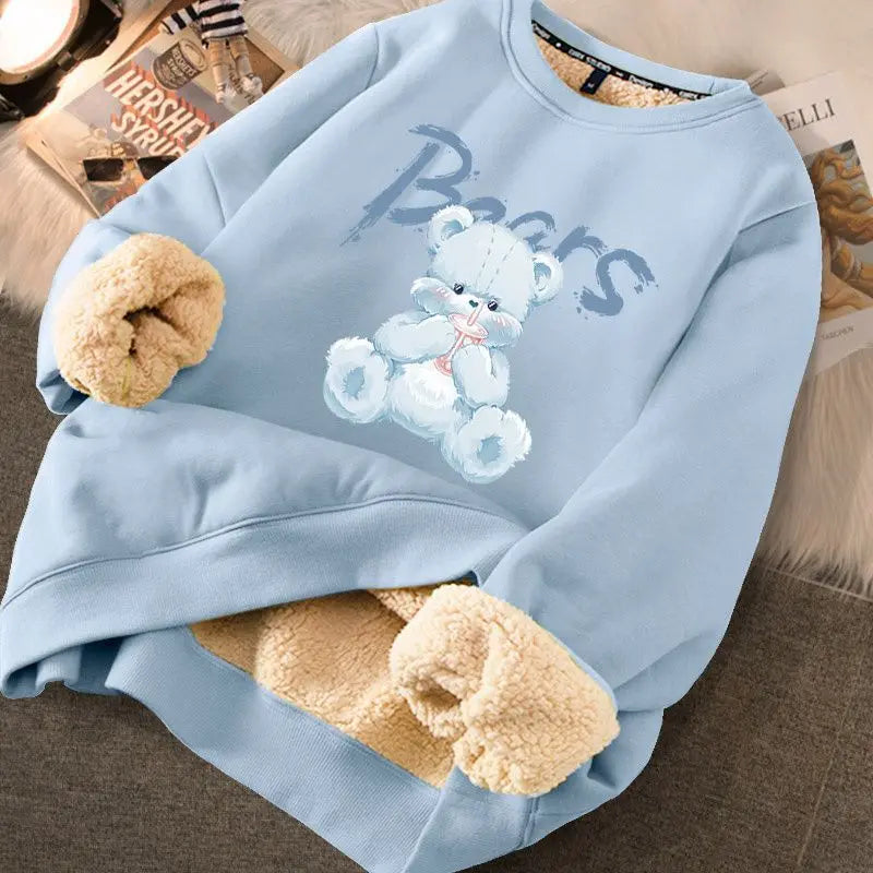 Peris Gems BEAR BLUE / XL EVNISI Autumn Winter Women Lambswool Thicken Thermal Sweatshirts Printed Cute Fleece Warm Hoodies Women Casual Loose Sweatshirts SHEIN Amazon Temu