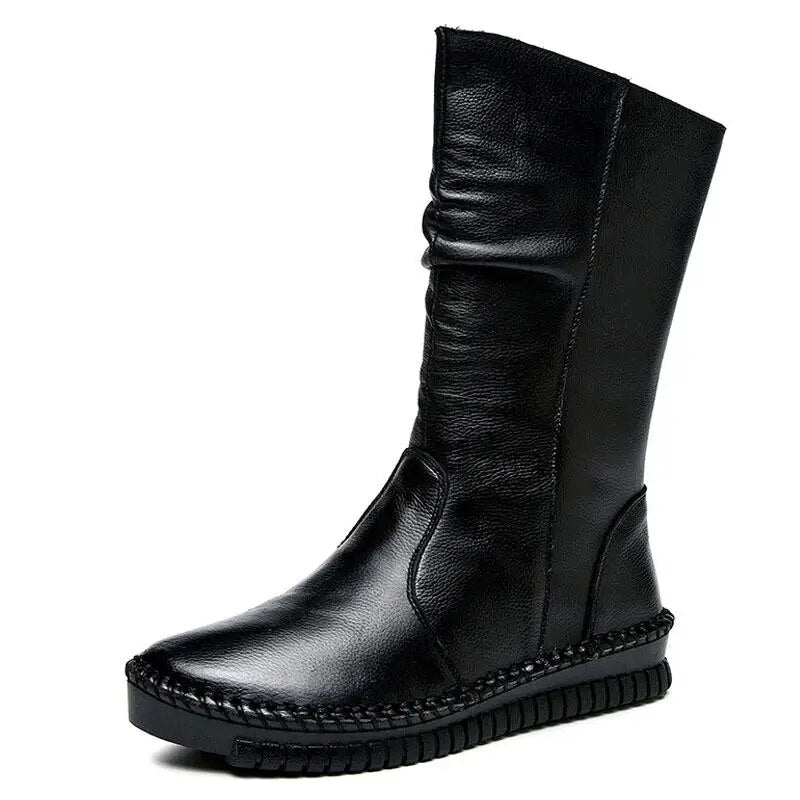 Peris Gems  Black / 5 Mid-Calf Genuine Leather Flat Winter Boots for Women SHEIN Amazon Temu