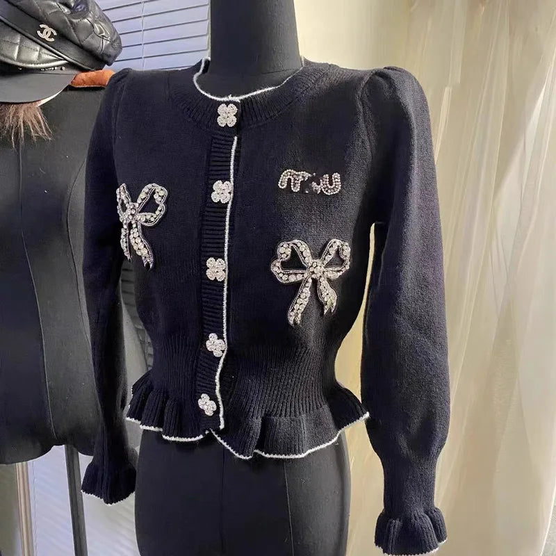 Peris Gems black / S(40-50Kg) Women Clothing French Fashion Embroidered Butterfly Sweater Cardigan Knitted Diamonds Sweaters Solid Chic Button Tops SHEIN Amazon Temu