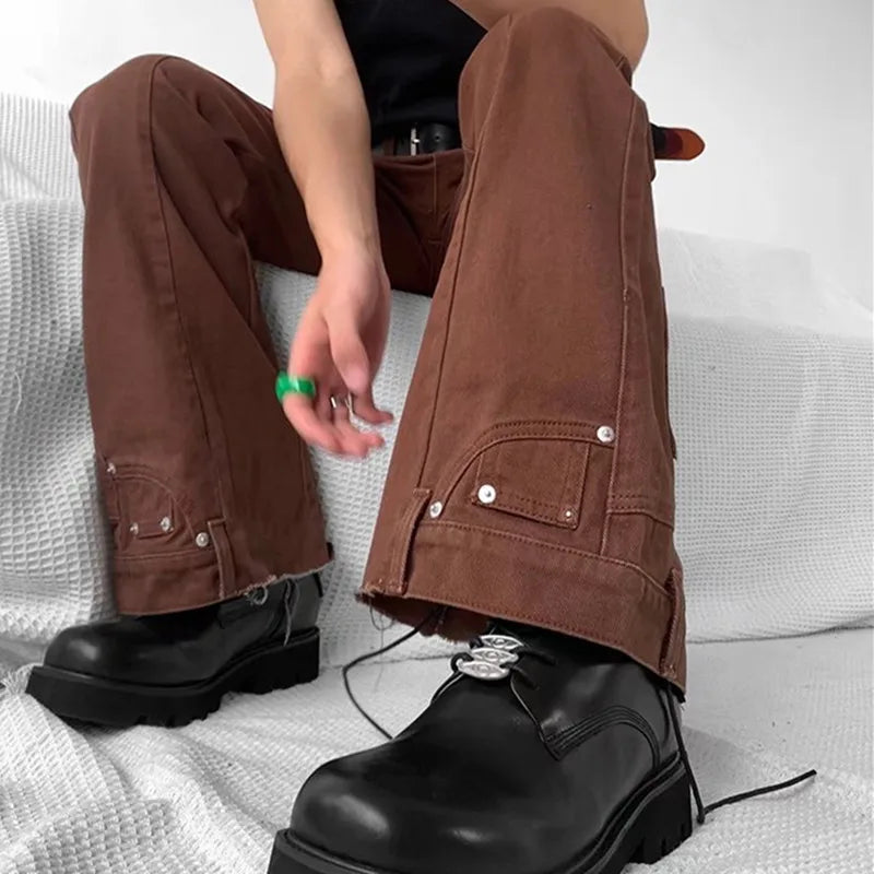 Peris Gems  Fashion Vintage Brown Baggy Men Cargo Flare Jeans Pants SHEIN Amazon Temu