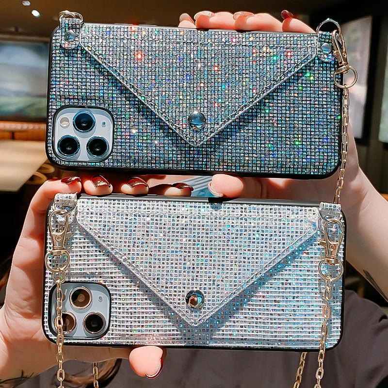 Peris Gems Glitter Luxury Diamond Wallet Card Phone Case For iPhone 13 12 11 14 15Pro Max XR XS 7 8 Plus Shining Crossbody Cover With Chain SHEIN Amazon Temu