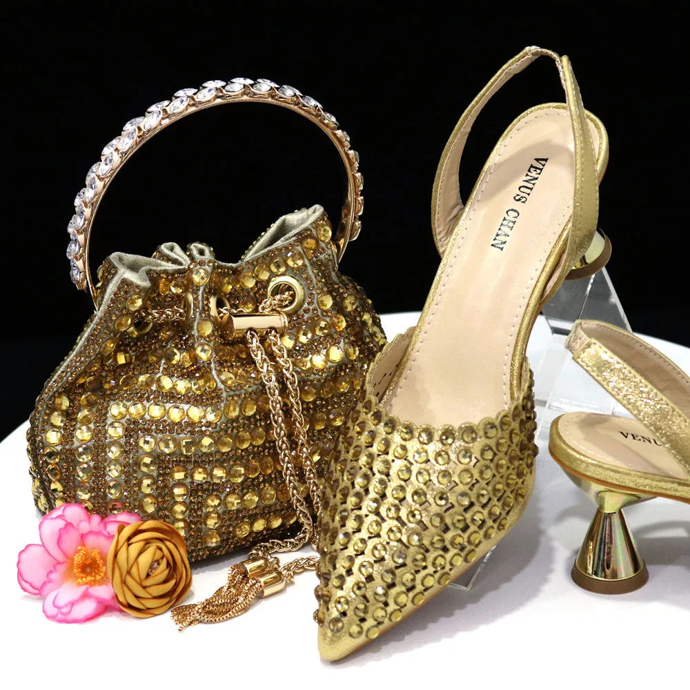 Peris Gems  Gold / 37 Full Diamond 2pc High Heels and Matching Purse Set SHEIN Amazon Temu