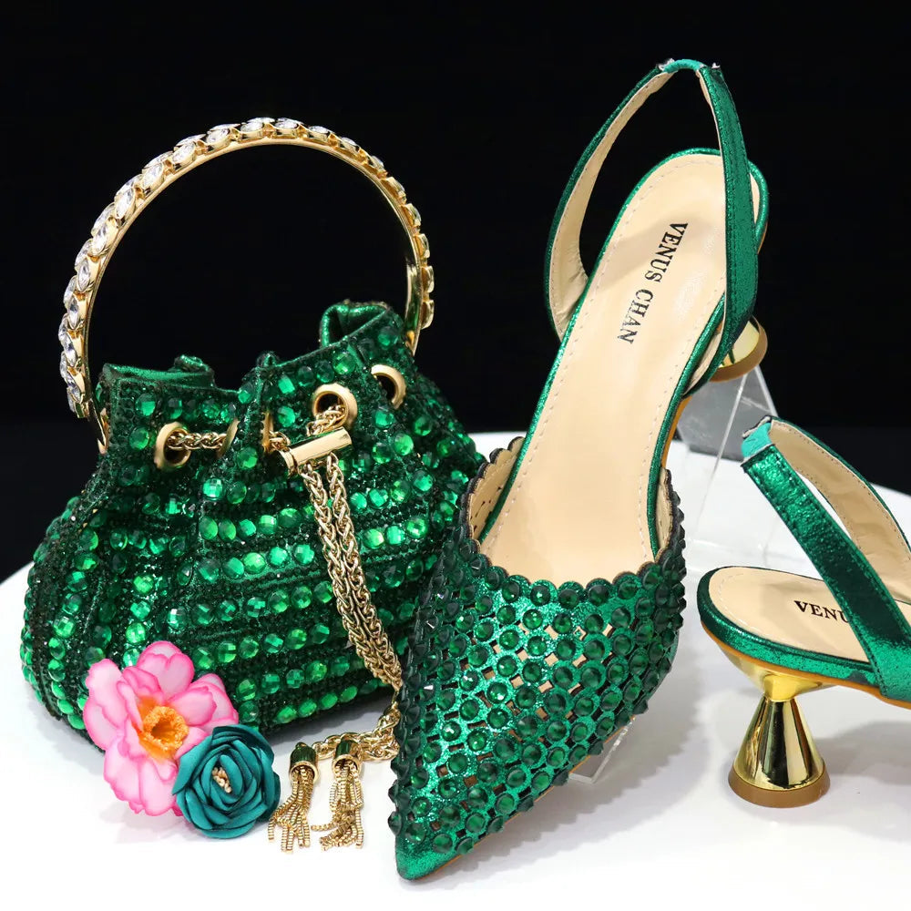 Peris Gems  Green / 37 Full Diamond 2pc High Heels and Matching Purse Set SHEIN Amazon Temu