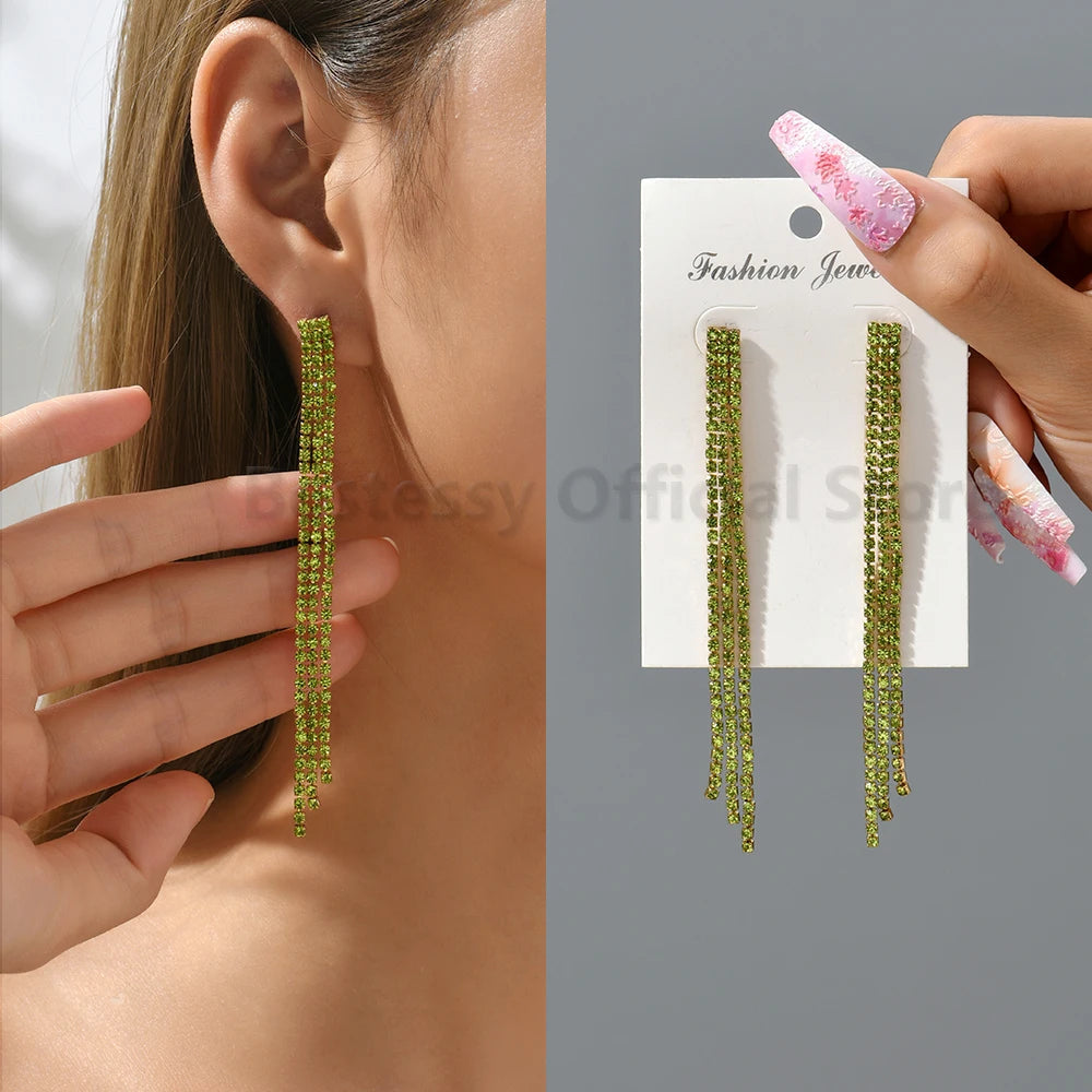 Peris Gems Green Crystal Drop Earrings For Women 2023 Trend New Luxury Hanging Long Tassel Chain Ear Ring High Quality Party Y2k Jewelry SHEIN Amazon Temu