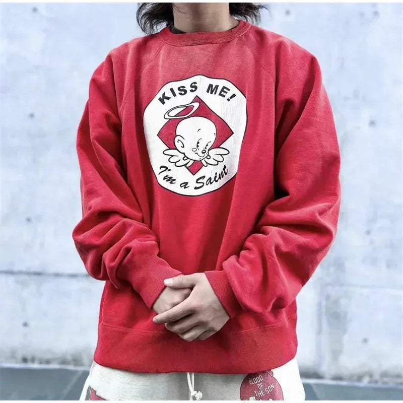 Peris Gems  GYM Saint Michael Red Pullover Vintage Washed Kiss Me Letter Print Stitched Oversized Casual Round Neck Pullover SHEIN Amazon Temu