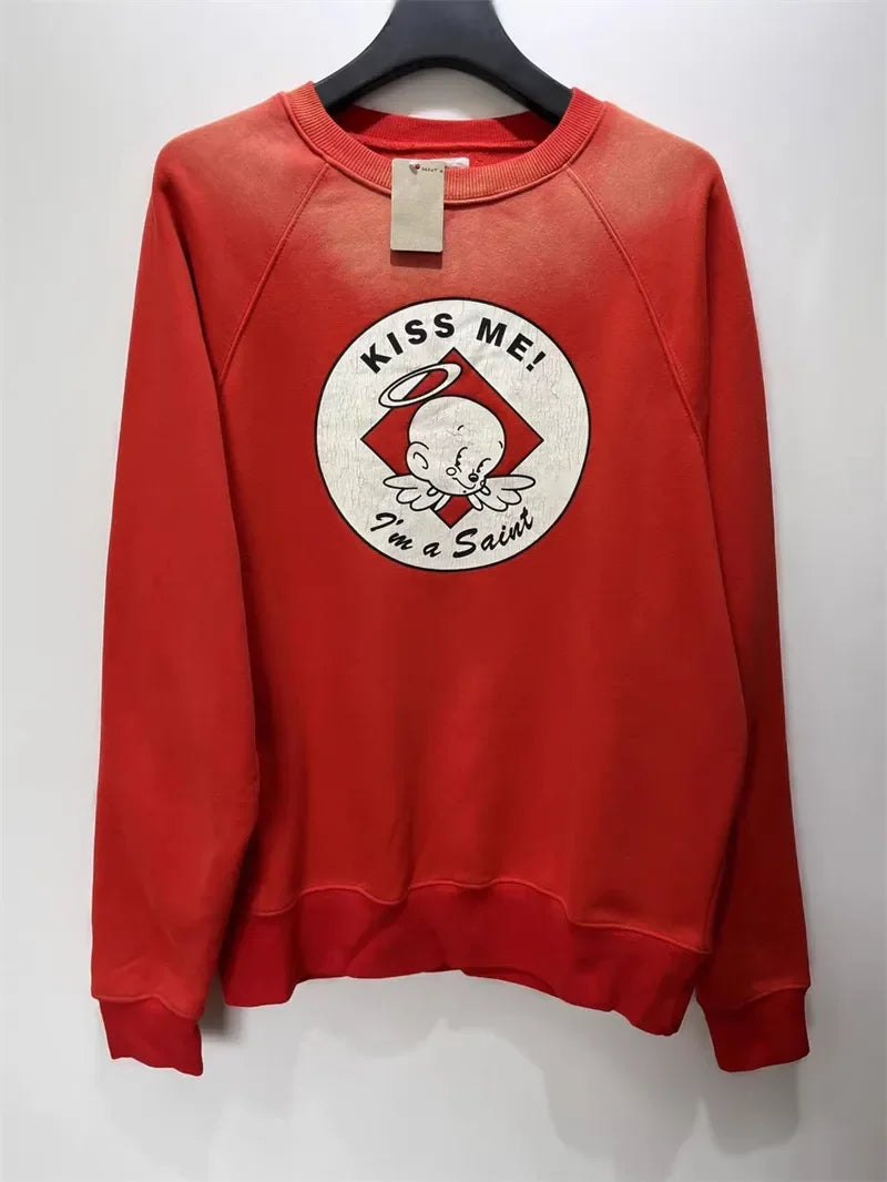Peris Gems  GYM Saint Michael Red Pullover Vintage Washed Kiss Me Letter Print Stitched Oversized Casual Round Neck Pullover SHEIN Amazon Temu