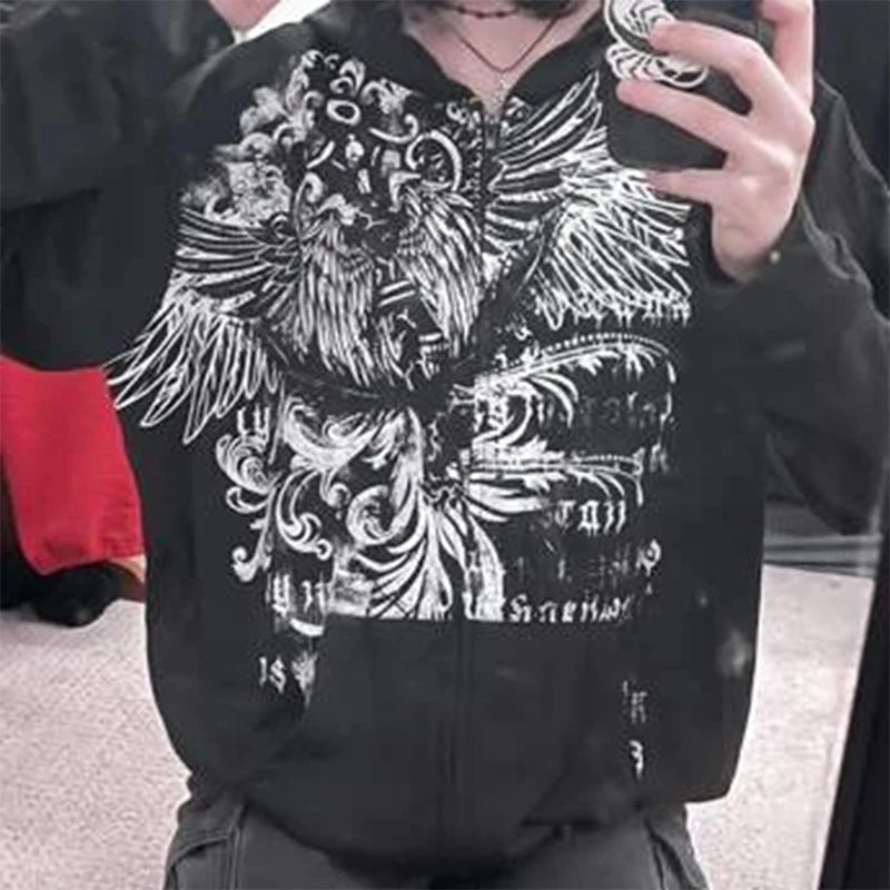 Peris Gems Harajuku E-girl Gothic Dark Academia Sweatshirts Grunge Punk Letter Wings Graphic Zip Up Hoodie Y2K Aesthetic Mall Goth Coat SHEIN Amazon Temu