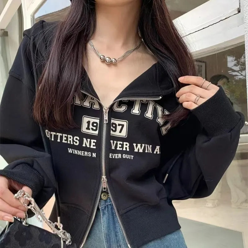 Peris Gems Harajuku Vintage Letter Printed Hoodie Y2k Korean Sweatshirts Women  Spring Long Sleeve Jacket Hip Hop Zip Up Cardigan Top SHEIN Amazon Temu