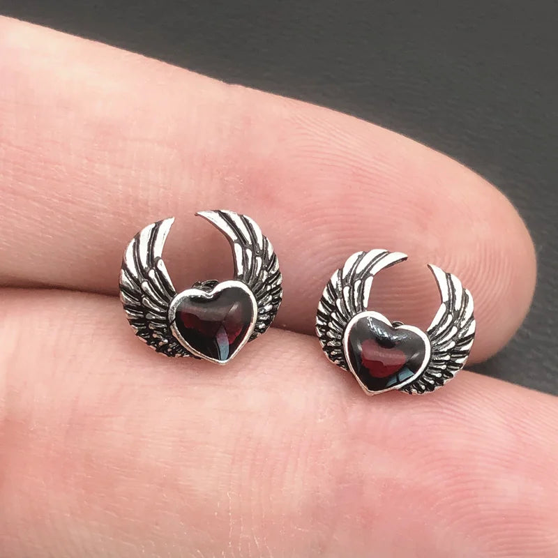 Peris Gems Indie Gothic Silver Colour Vintage Blood Red Heart with Wings Ear Studs Aesthetic E Girl Goblincor E Boy Earings Y2k Jewelry SHEIN Amazon Temu
