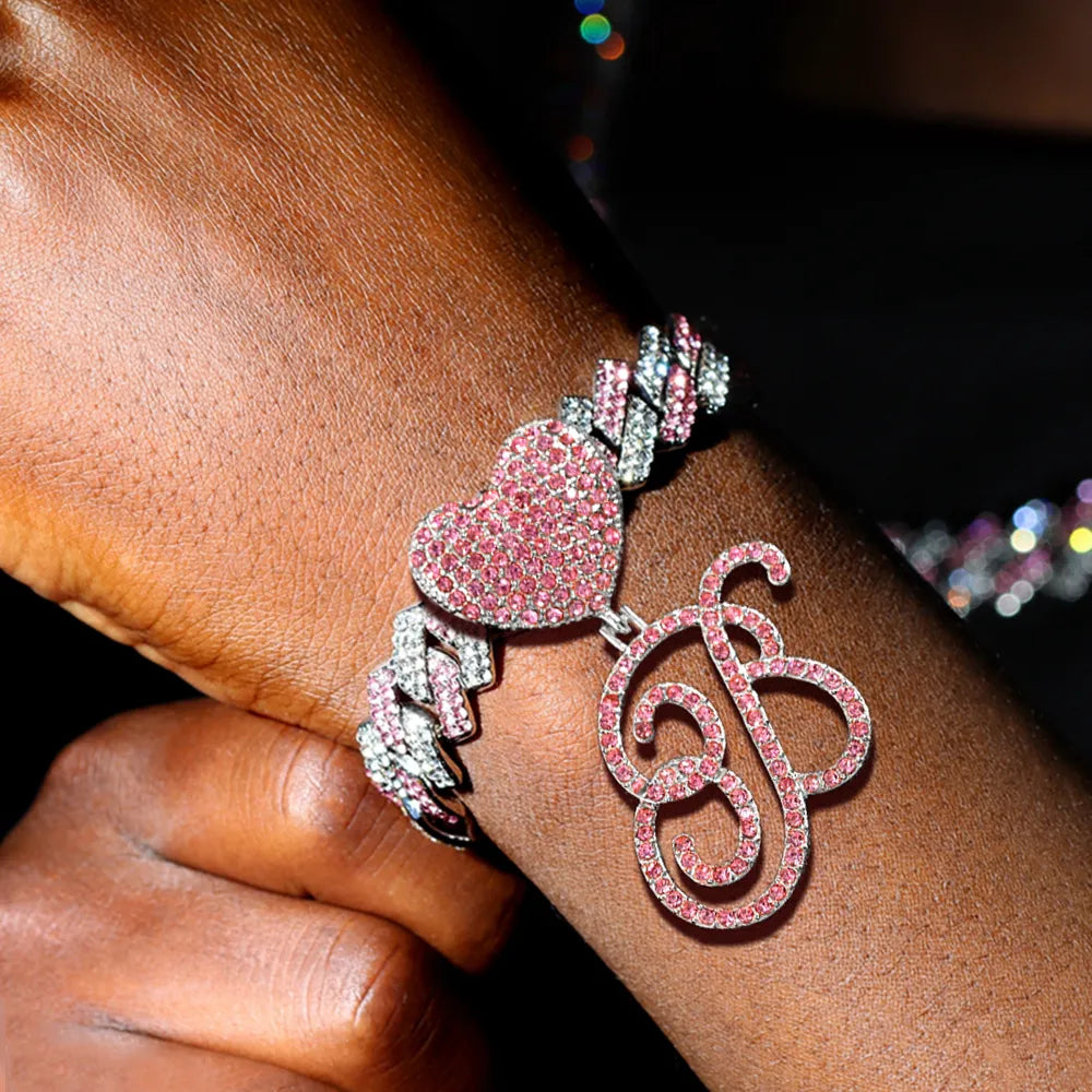 Peris Gems  J / 8inch Pink Color Cursive A-Z Initial Letter Pink Diamond Cuban Bracelet for Women SHEIN Amazon Temu