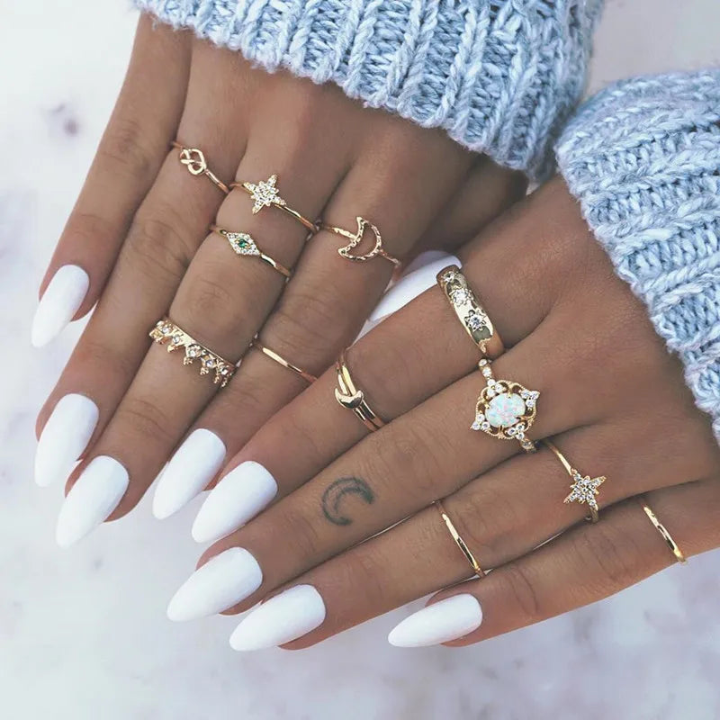 Peris Gems JZ-2018 10 Pcs/Set Sweet Crystal Leaf Flower Moon Star Opening Heart Rings for Women Fashion Geometric Gold Imitation Pearl Ring Jewelry SHEIN Amazon Temu