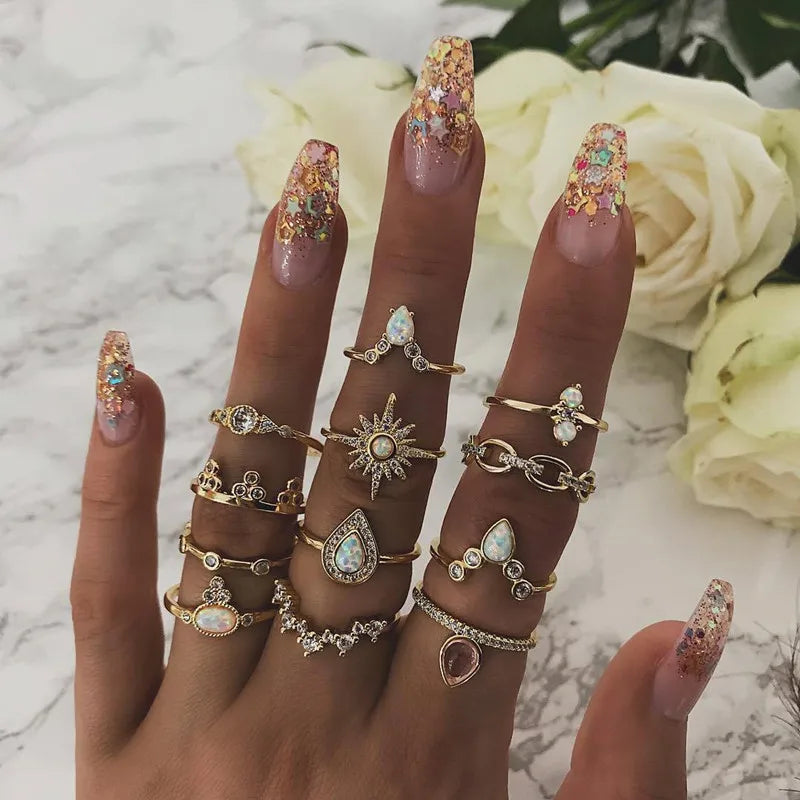 Peris Gems JZ-2046 10 Pcs/Set Sweet Crystal Leaf Flower Moon Star Opening Heart Rings for Women Fashion Geometric Gold Imitation Pearl Ring Jewelry SHEIN Amazon Temu