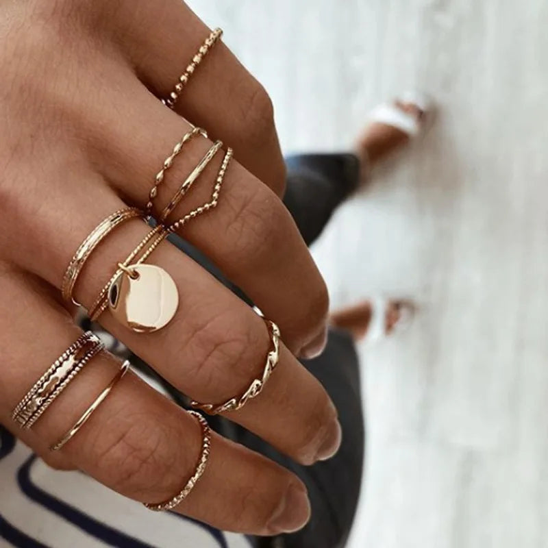 Peris Gems JZ-2063 10 Pcs/Set Sweet Crystal Leaf Flower Moon Star Opening Heart Rings for Women Fashion Geometric Gold Imitation Pearl Ring Jewelry SHEIN Amazon Temu