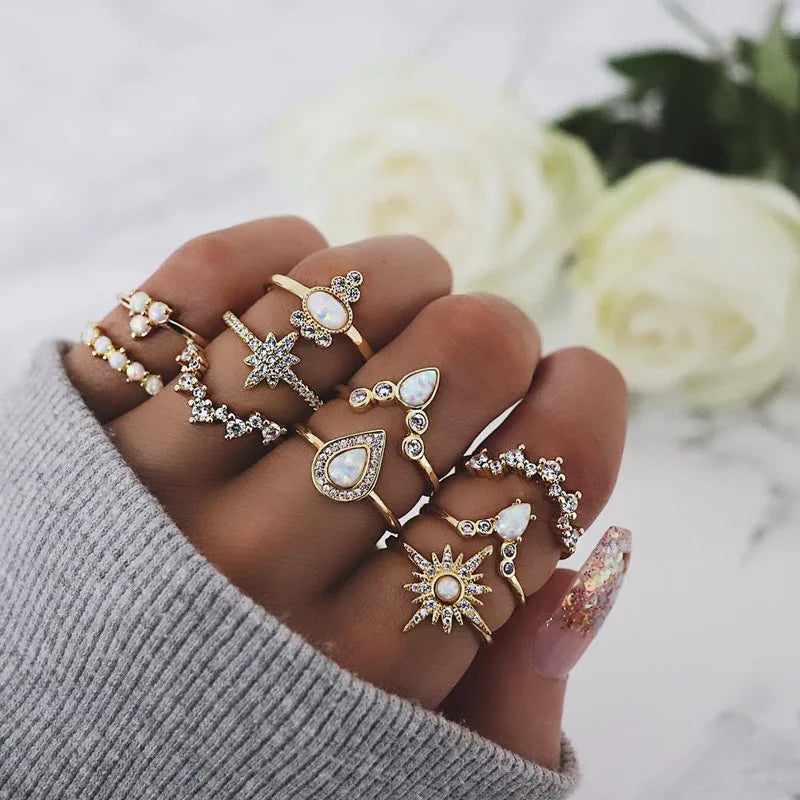 Peris Gems JZ-2078 10 Pcs/Set Sweet Crystal Leaf Flower Moon Star Opening Heart Rings for Women Fashion Geometric Gold Imitation Pearl Ring Jewelry SHEIN Amazon Temu
