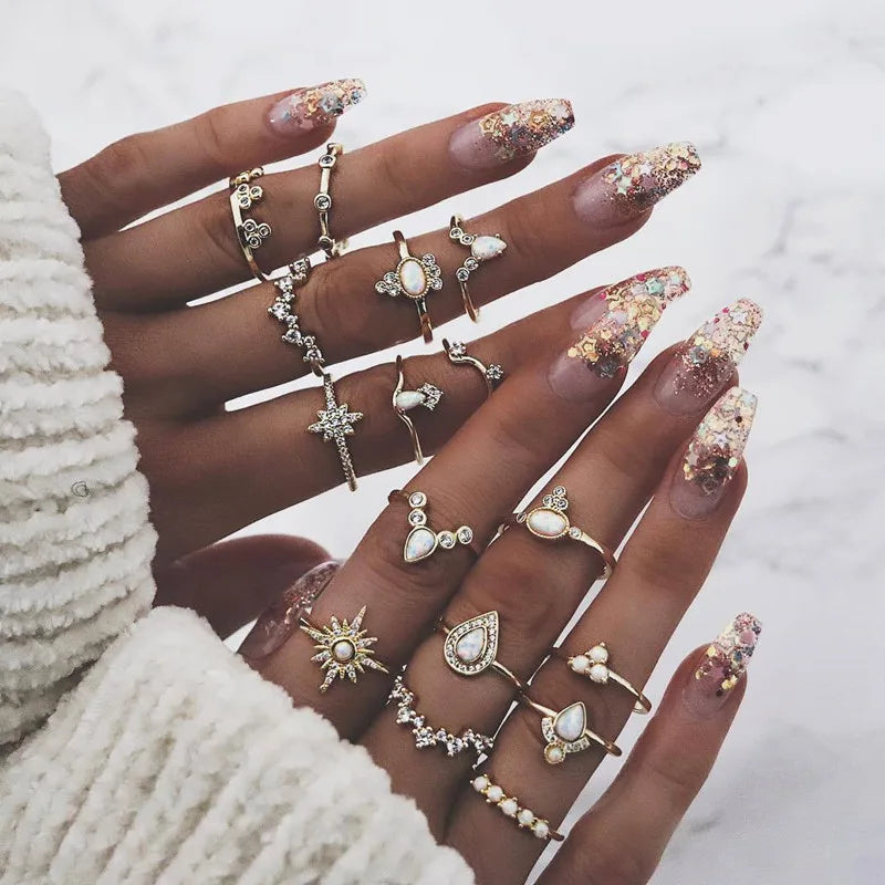 Peris Gems JZ-2079 10 Pcs/Set Sweet Crystal Leaf Flower Moon Star Opening Heart Rings for Women Fashion Geometric Gold Imitation Pearl Ring Jewelry SHEIN Amazon Temu