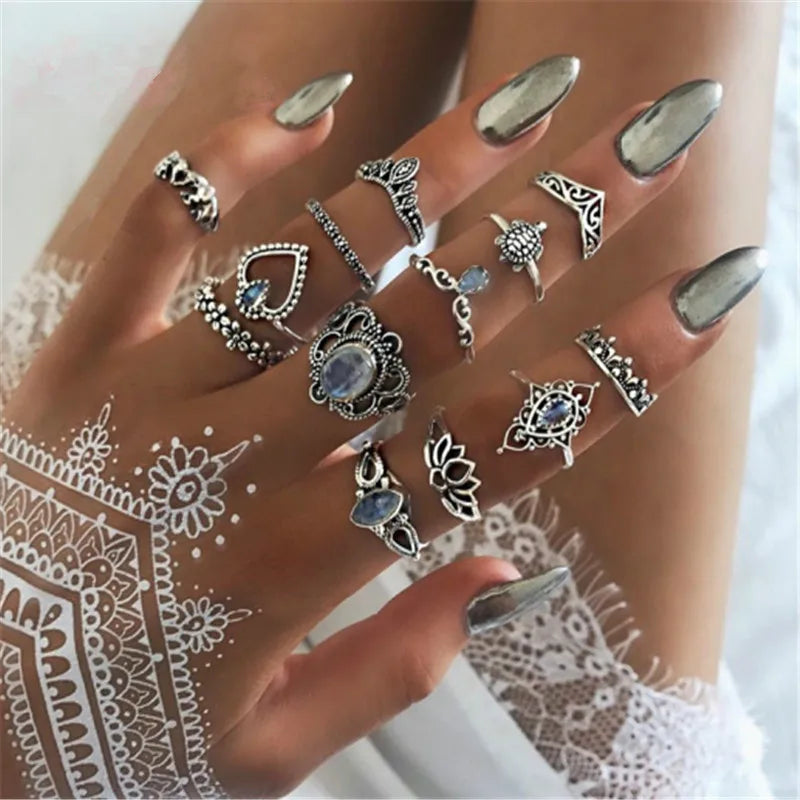 Peris Gems JZ-2115 10 Pcs/Set Sweet Crystal Leaf Flower Moon Star Opening Heart Rings for Women Fashion Geometric Gold Imitation Pearl Ring Jewelry SHEIN Amazon Temu