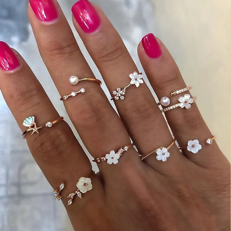 Peris Gems JZ-2126 10 Pcs/Set Sweet Crystal Leaf Flower Moon Star Opening Heart Rings for Women Fashion Geometric Gold Imitation Pearl Ring Jewelry SHEIN Amazon Temu