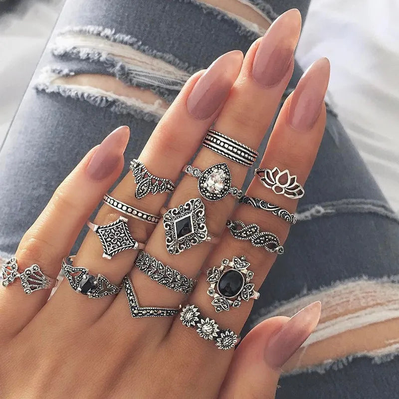 Peris Gems JZ-2143 10 Pcs/Set Sweet Crystal Leaf Flower Moon Star Opening Heart Rings for Women Fashion Geometric Gold Imitation Pearl Ring Jewelry SHEIN Amazon Temu