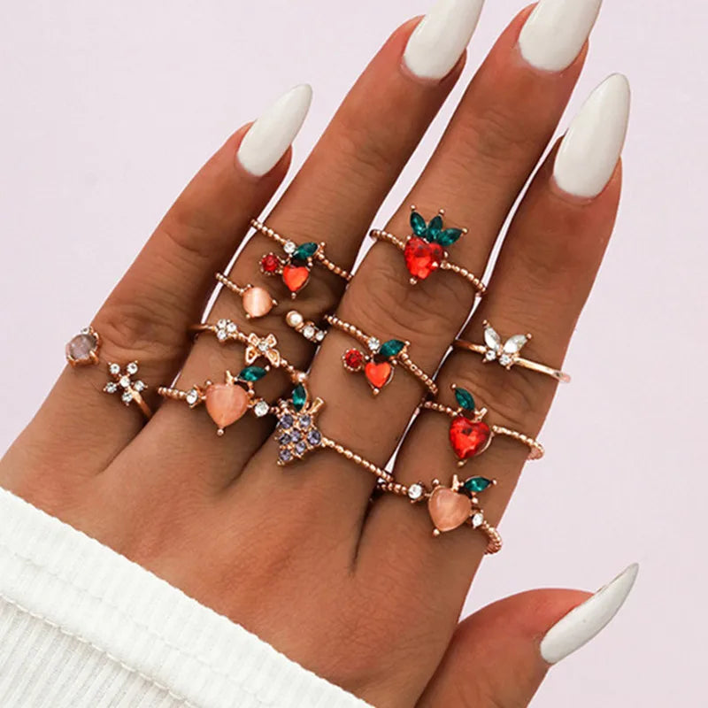Peris Gems JZ-2344 10 Pcs/Set Sweet Crystal Leaf Flower Moon Star Opening Heart Rings for Women Fashion Geometric Gold Imitation Pearl Ring Jewelry SHEIN Amazon Temu