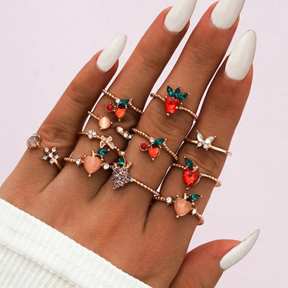 Peris Gems JZ-2344 10 Pcs/Set Sweet Crystal Leaf Flower Moon Star Opening Heart Rings for Women Fashion Geometric Gold Imitation Pearl Ring Jewelry SHEIN Amazon Temu