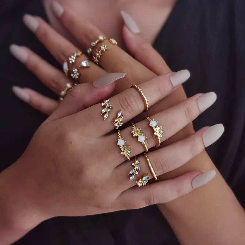 Peris Gems JZ-2372 10 Pcs/Set Sweet Crystal Leaf Flower Moon Star Opening Heart Rings for Women Fashion Geometric Gold Imitation Pearl Ring Jewelry SHEIN Amazon Temu