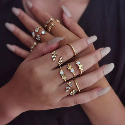 Peris Gems JZ-2372 10 Pcs/Set Sweet Crystal Leaf Flower Moon Star Opening Heart Rings for Women Fashion Geometric Gold Imitation Pearl Ring Jewelry SHEIN Amazon Temu