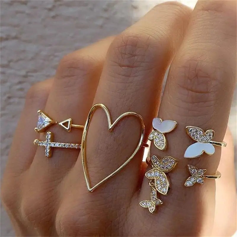 Peris Gems JZ-2409 10 Pcs/Set Sweet Crystal Leaf Flower Moon Star Opening Heart Rings for Women Fashion Geometric Gold Imitation Pearl Ring Jewelry SHEIN Amazon Temu