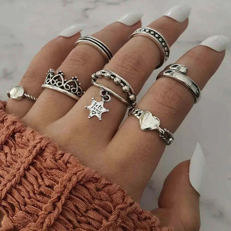 Peris Gems JZ-2437 10 Pcs/Set Sweet Crystal Leaf Flower Moon Star Opening Heart Rings for Women Fashion Geometric Gold Imitation Pearl Ring Jewelry SHEIN Amazon Temu