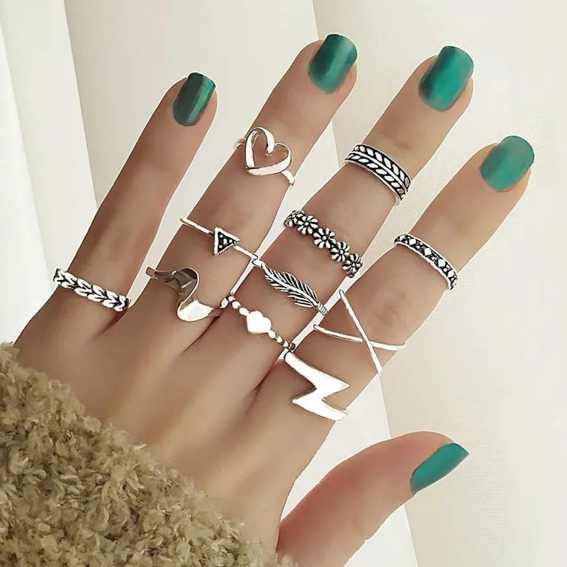 Peris Gems JZ-2446 10 Pcs/Set Sweet Crystal Leaf Flower Moon Star Opening Heart Rings for Women Fashion Geometric Gold Imitation Pearl Ring Jewelry SHEIN Amazon Temu