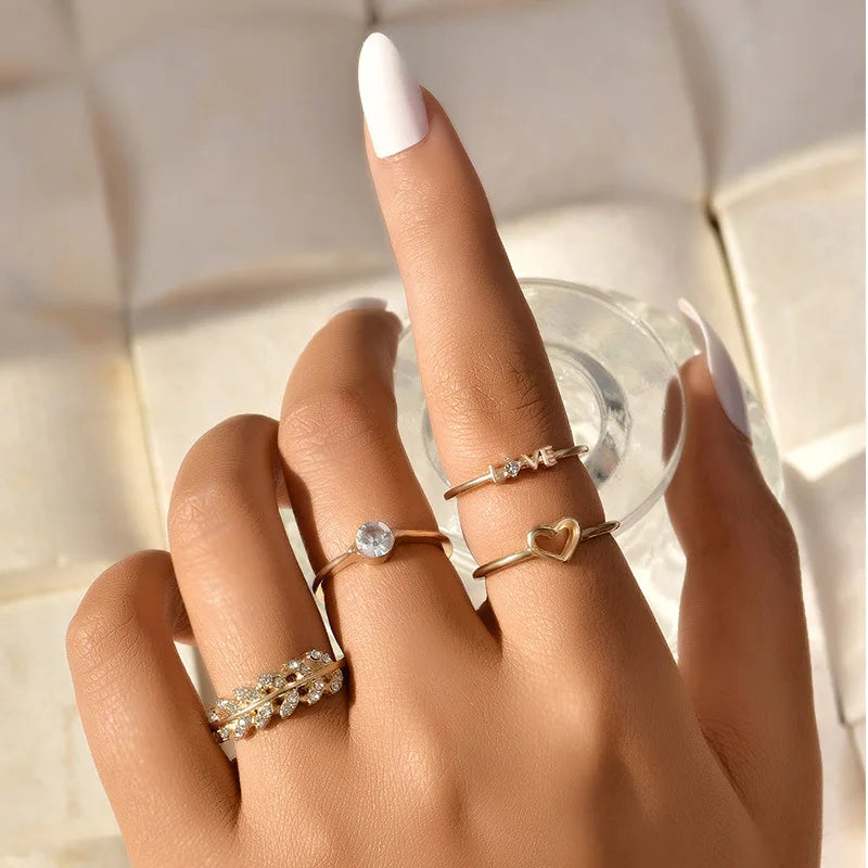 Peris Gems JZ-2454 10 Pcs/Set Sweet Crystal Leaf Flower Moon Star Opening Heart Rings for Women Fashion Geometric Gold Imitation Pearl Ring Jewelry SHEIN Amazon Temu
