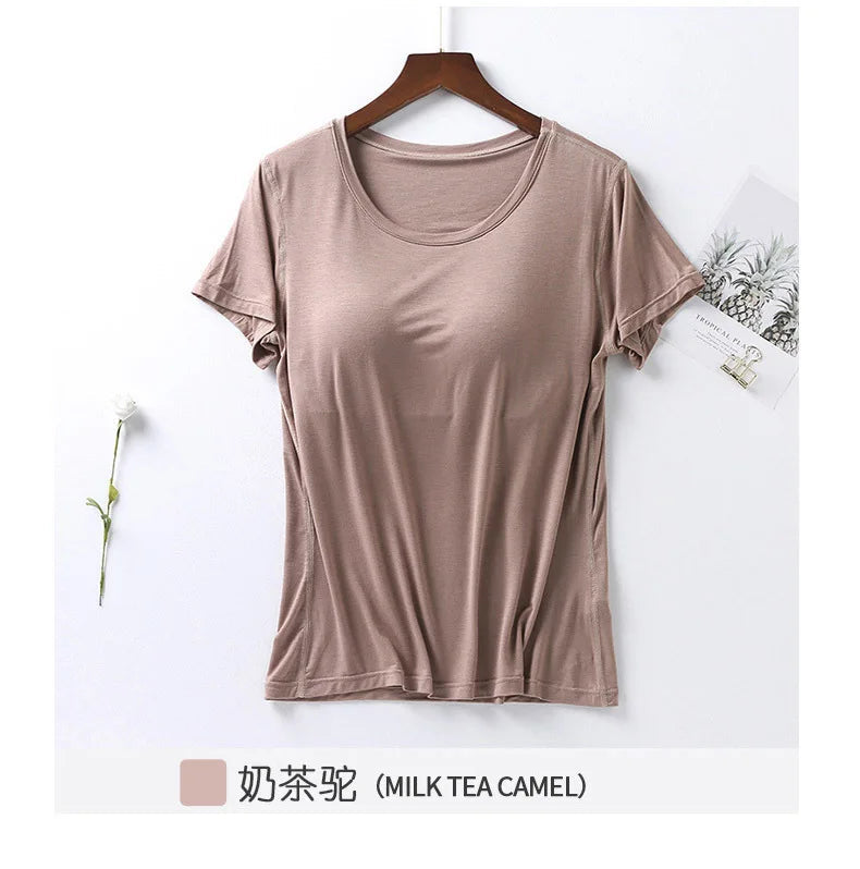 Peris Gems khaki / M 100% Cotton Round Neck Loose Fitting T-shirt For Women 2023 With Bra, Short Sleeved T-shirt, Plain Top, High-quality T-shirt SHEIN Amazon Temu