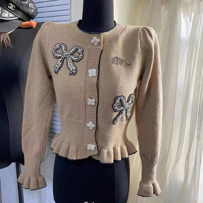 Peris Gems Khaki / S(40-50Kg) Women Clothing French Fashion Embroidered Butterfly Sweater Cardigan Knitted Diamonds Sweaters Solid Chic Button Tops SHEIN Amazon Temu