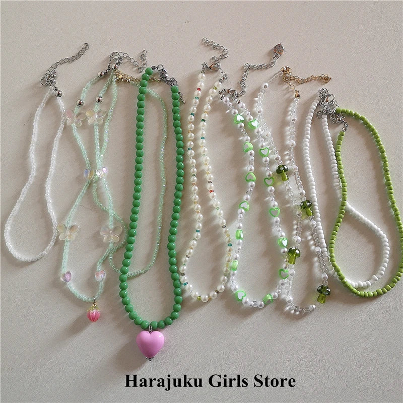 Peris Gems Korean Fashion Vintage Cute Acrylic Pink Love Heart Green Beaded Pearl Necklace For Women Aesthetic Y2K EMO Jewelry Accessories SHEIN Amazon Temu