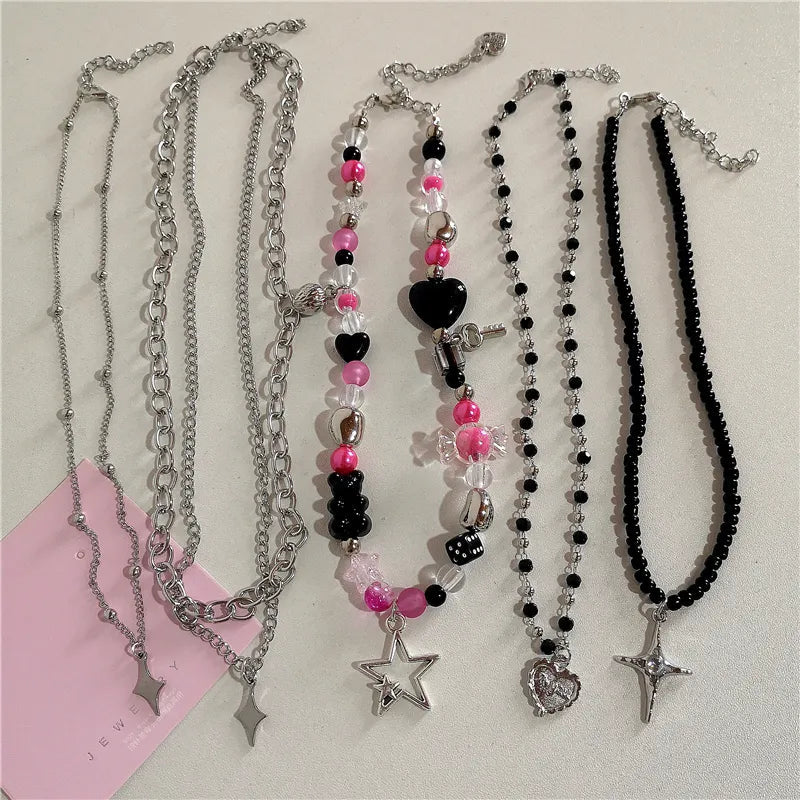 Peris Gems Kpop Goth Vintage Y2K Star Cross Pendant Pink Beaded Silver Color Chain Necklace For Women Aesthetic Grunge EMO Jewely Accessory SHEIN Amazon Temu
