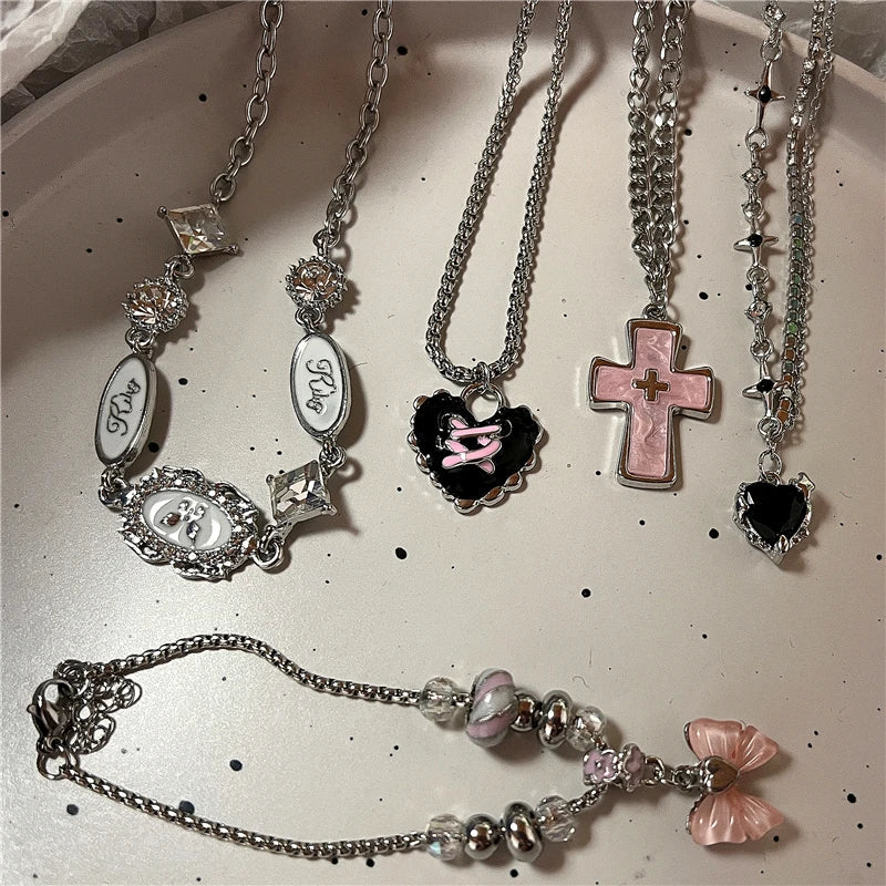 Peris Gems Kpop Gothic Punk Pink Cross Heart Bowknot Pendant Chain Necklace Women Charm Vintage Aesthetic Y2k EMO 2000s Jewelry Accessories SHEIN Amazon Temu