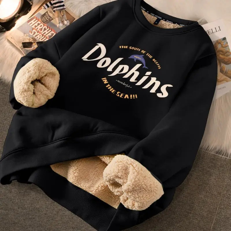 Peris Gems LETTER BLACK / XL EVNISI Autumn Winter Women Lambswool Thicken Thermal Sweatshirts Printed Cute Fleece Warm Hoodies Women Casual Loose Sweatshirts SHEIN Amazon Temu
