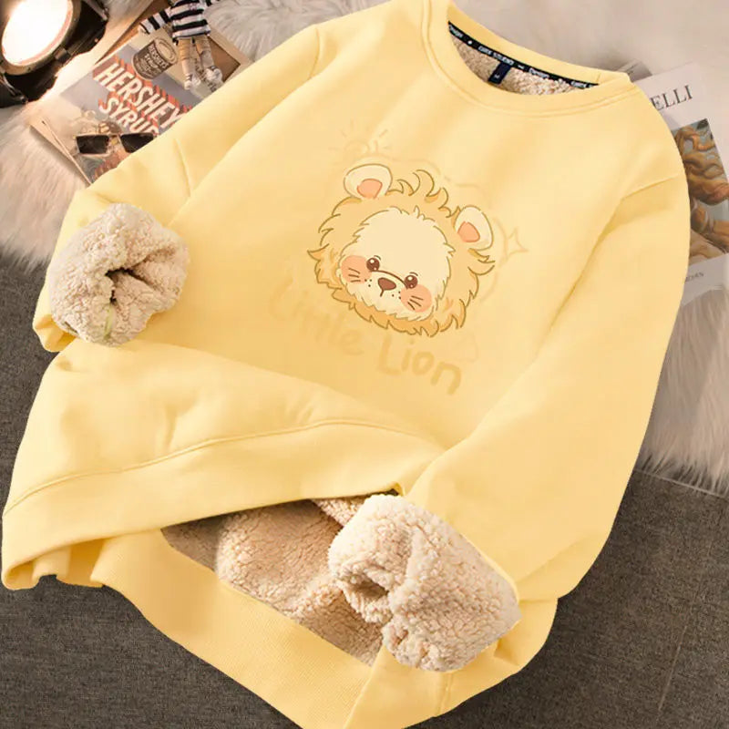 Peris Gems LION YELLOW / XL EVNISI Autumn Winter Women Lambswool Thicken Thermal Sweatshirts Printed Cute Fleece Warm Hoodies Women Casual Loose Sweatshirts SHEIN Amazon Temu