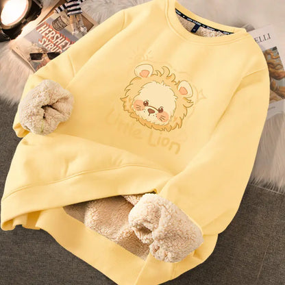 Peris Gems LION YELLOW / XL EVNISI Autumn Winter Women Lambswool Thicken Thermal Sweatshirts Printed Cute Fleece Warm Hoodies Women Casual Loose Sweatshirts SHEIN Amazon Temu
