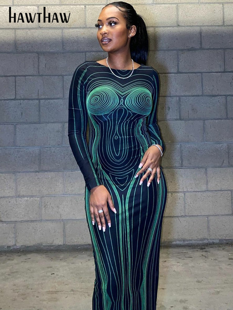 Peris Gems  Long Sleeve Green X-Ray Bodycon Long Dress for Women SHEIN Amazon Temu