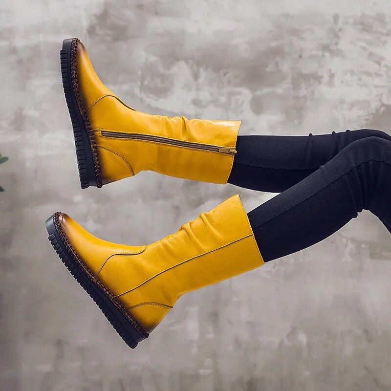 Peris Gems  Mid-Calf Genuine Leather Flat Winter Boots for Women SHEIN Amazon Temu