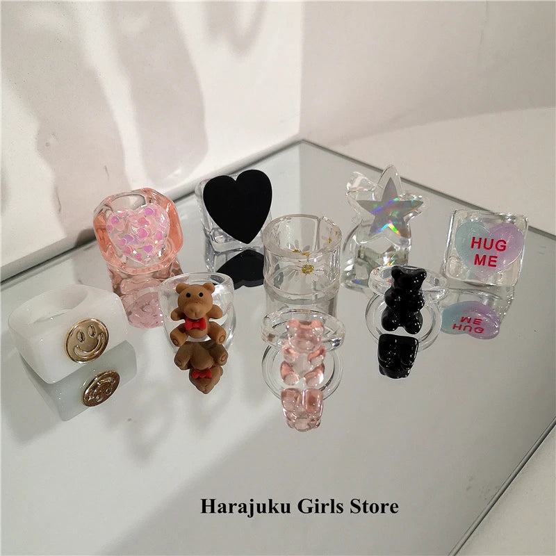 Peris Gems New Korean Gothic Harajuku Y2K Cute Star Heart Love Bear Resin Rings For Women Egirl Party Grunge EMO Jewelry Gifts Accessories SHEIN Amazon Temu