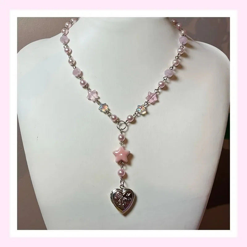 Peris Gems pastel pink star girl rosary locket beaded necklace y2k jewelry funky SHEIN Amazon Temu