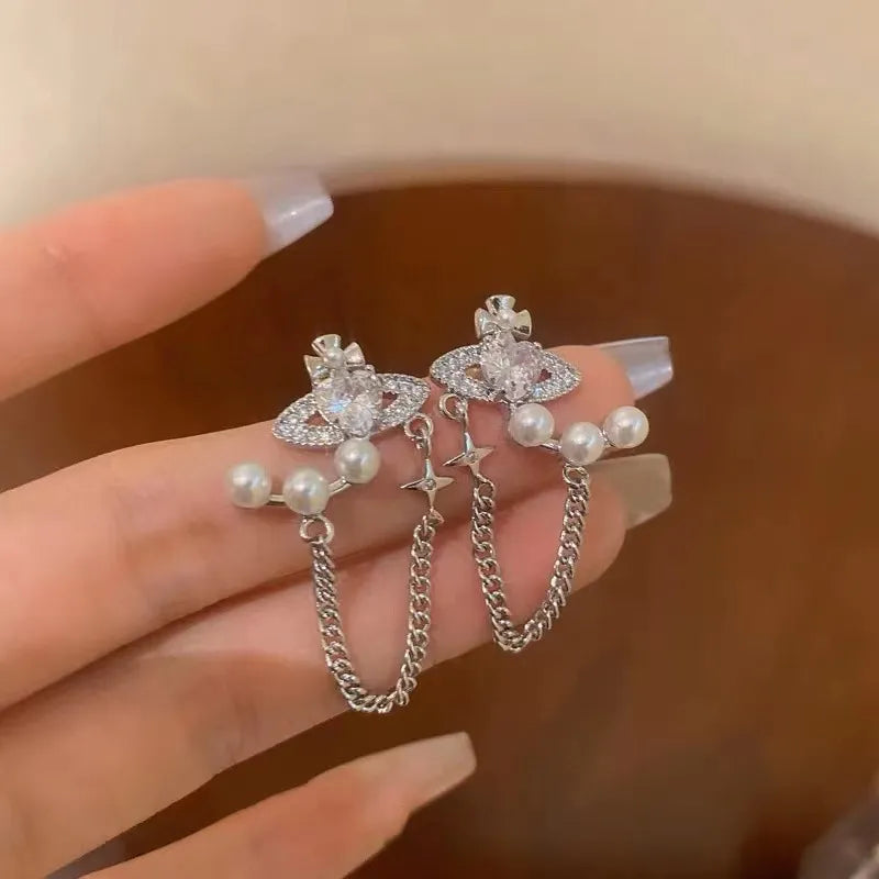 Peris Gems Pearl Cross Tassel Earrings for Women Heart  Star Saturn Chain Luxury Elegant Korean  Earrings Party Y2K Jewelry Accessories SHEIN Amazon Temu