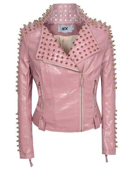 Peris Gems  Pink / XXS Punk Style Spiked Collar PU Leather Jacket for Women SHEIN Amazon Temu