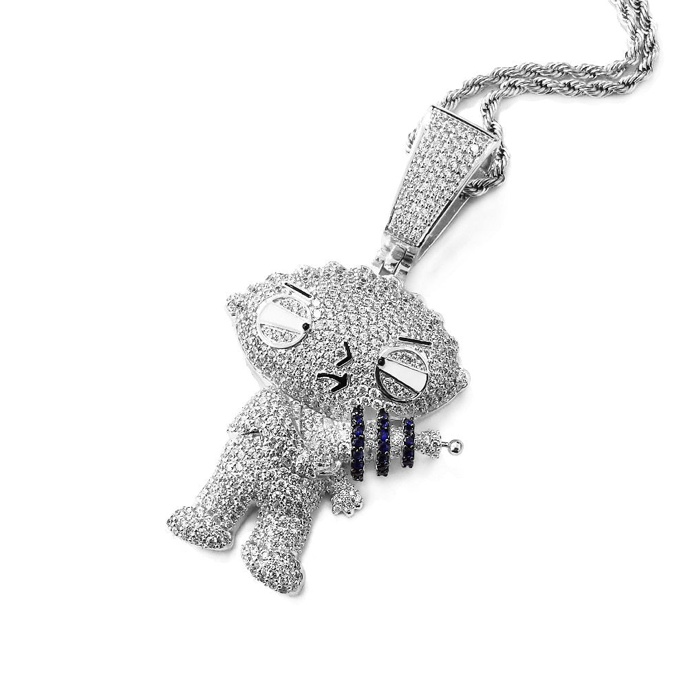 Peris Gems  Platinum Plated / 20 inch / Rope Chain Iced Out Stewie Grifin Pendant Necklace Unisex | Diamond Encrusted Necklace Iced Out Stewie Grifin Pendant Necklace | Diamond Necklace SHEIN Amazon Temu